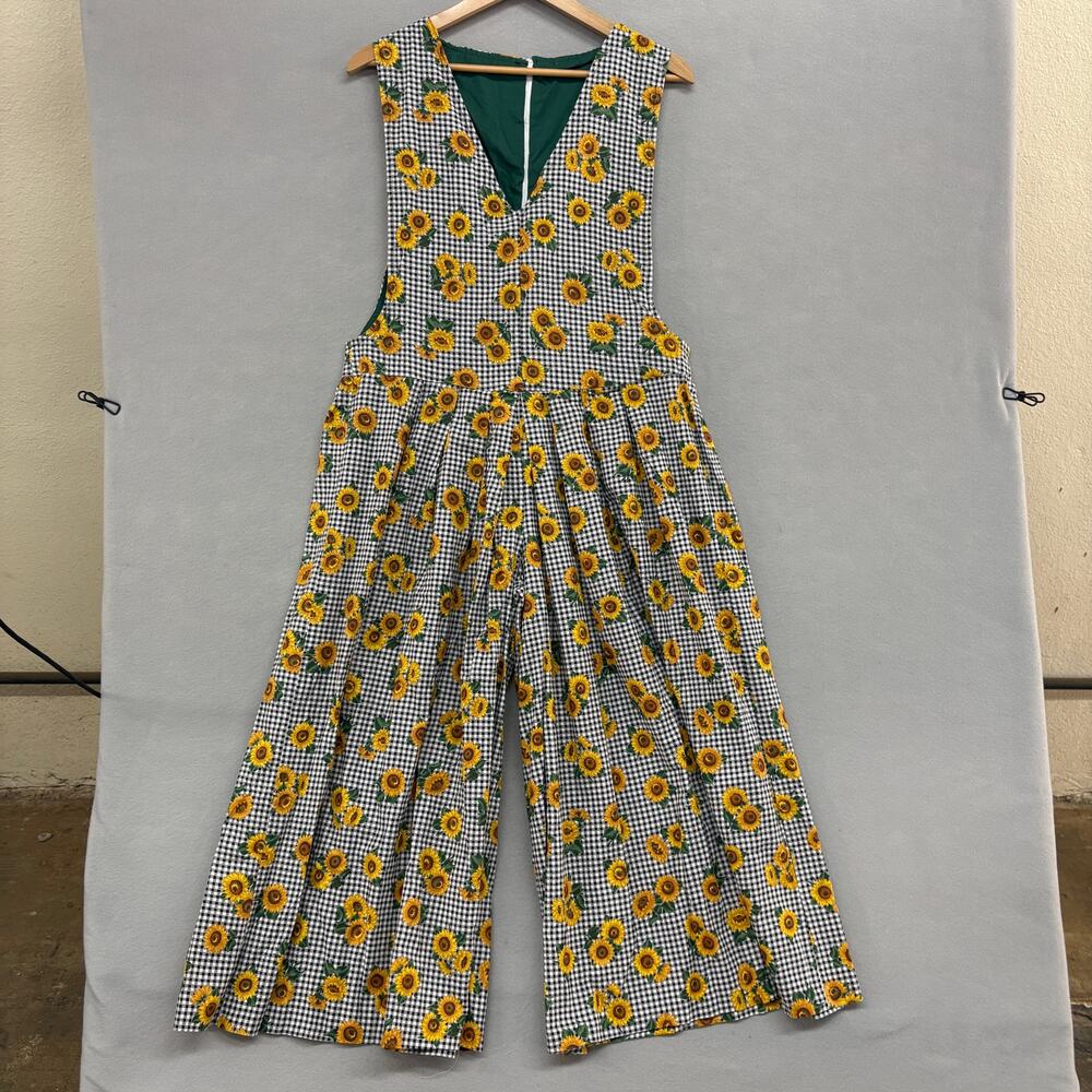 Vintage Sunflower Jumpsuit Womens Small Black Gingham Pinafore Jumpsuit V Neck